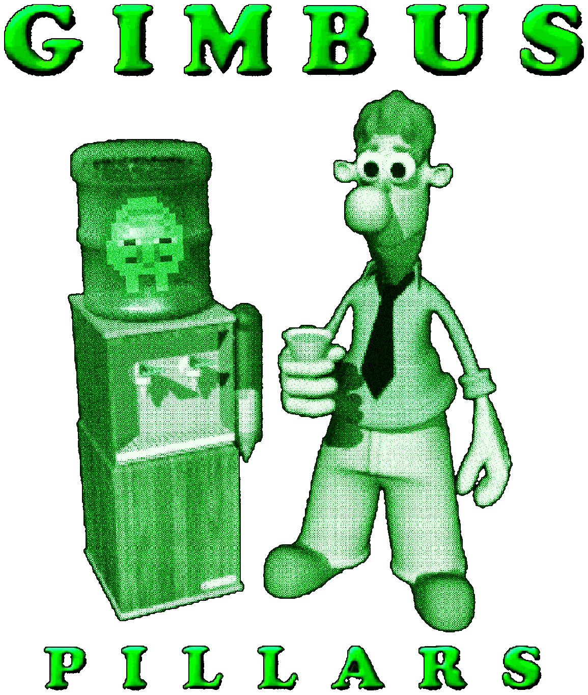 Gimbus Pillars artwork: a man in a tie holding a cup next to a water cooler, glowing green