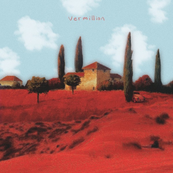 Vermillion cover art: a red field with cypress trees and a farmhouse under a blue sky